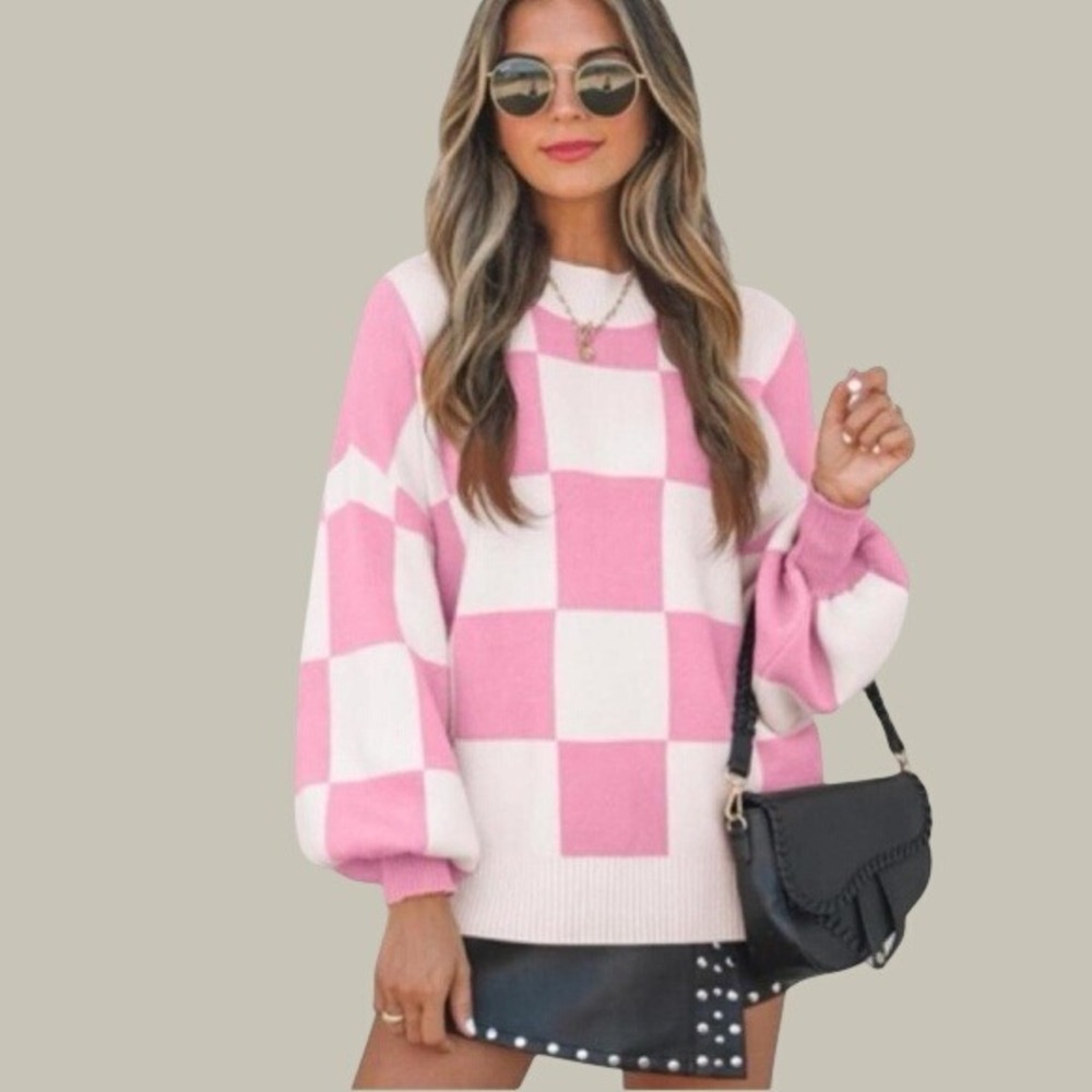 Zesica Checkered Oversized Knit Sweater Womens L Pink White Balloon Sleeve NWT
